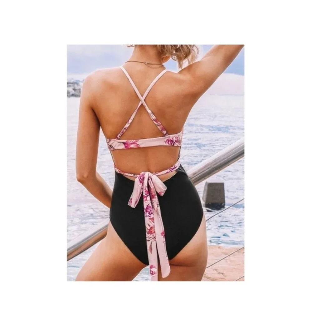 Cupshe floral cutout one-piece swimsuit floral wrap Cream Pink Blue Black XL